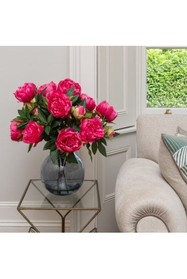 Artificial Pink Peony Display in Blue Vase