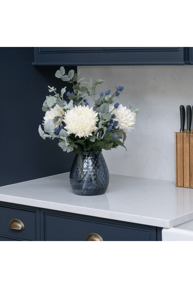 Artificial Chrysanthemum & Thistle Arrangement in Blue Vase